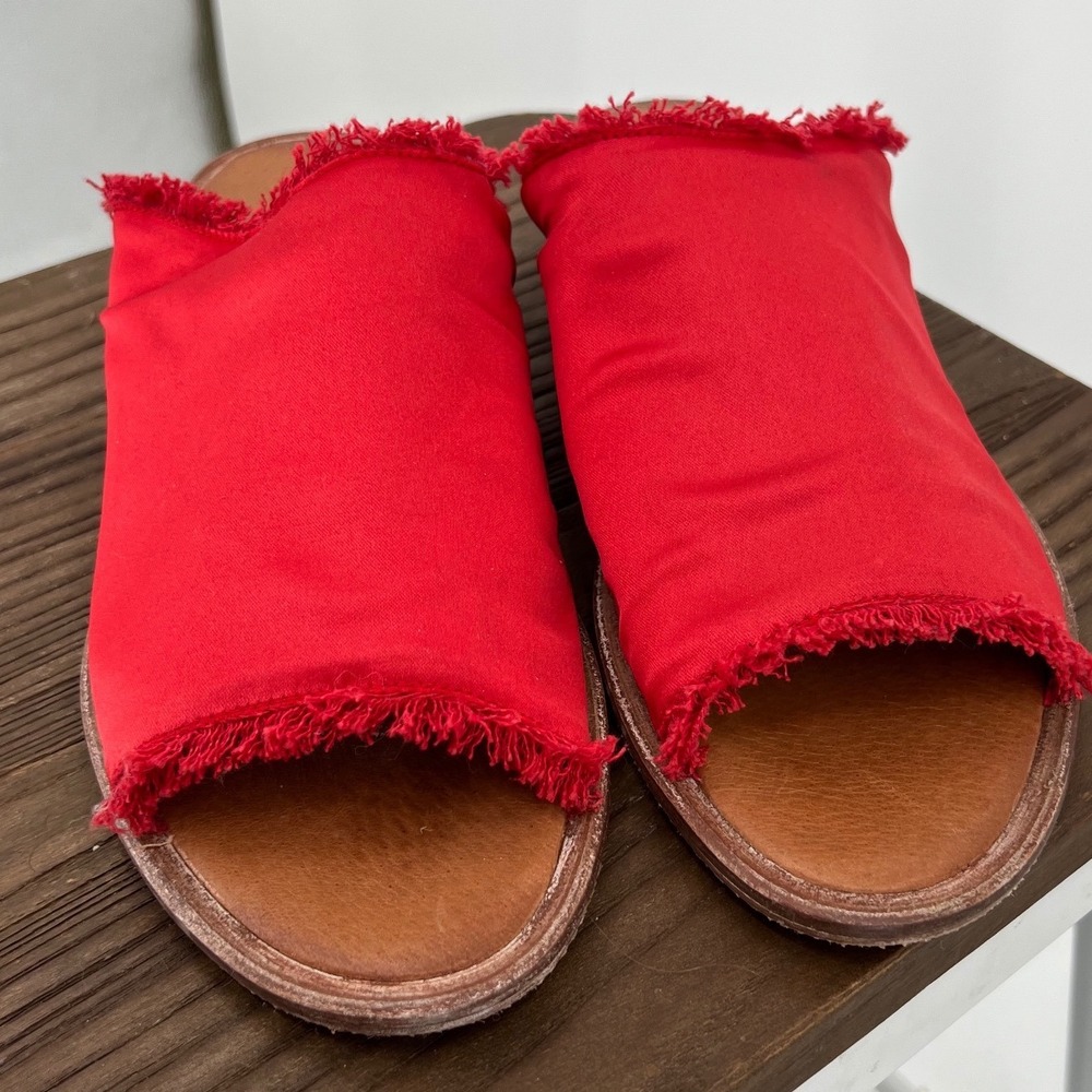 Free People Riley Red Satin Frayed Slide Sandals Mules Made in Spain Size 41 - Picture 2 of 7